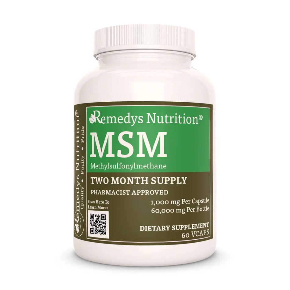 A bottle of Remedys Nutrition MSM, a dietary supplement providing a 1000mg, two-month supply.