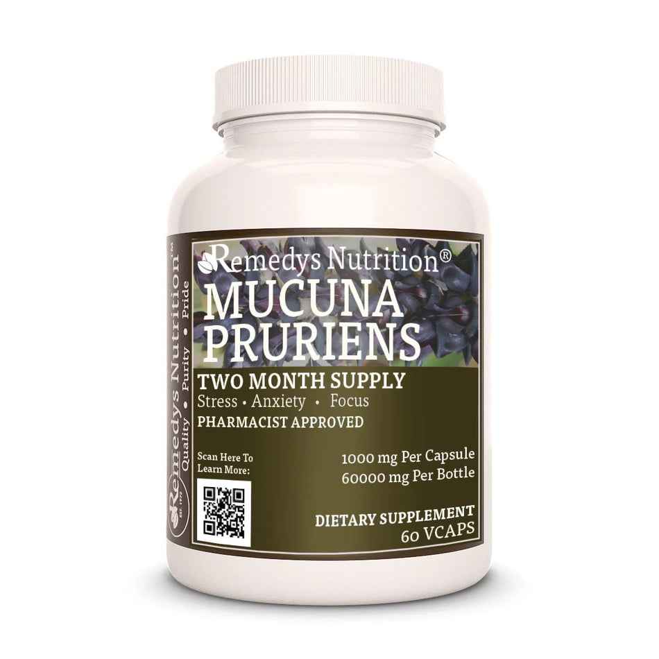 Image of Remedy's Nutrition® Mucuna Pruriens Capsules Herbal Dietary Supplement front bottle. Made in the USA.