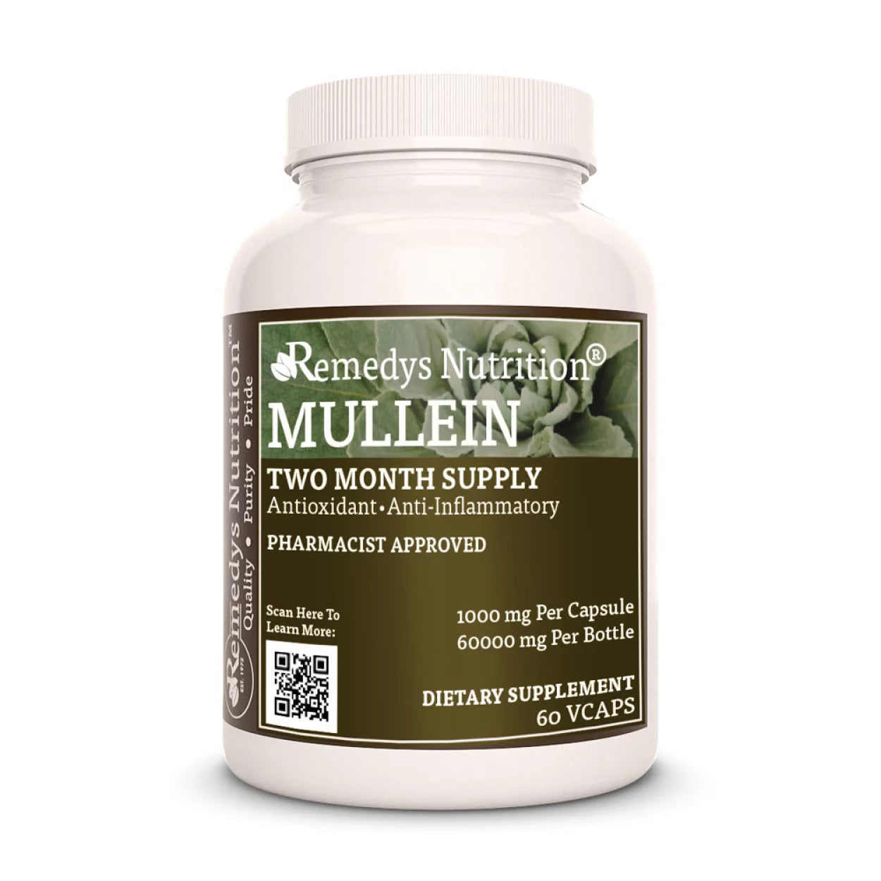 Image of Remedy's Nutrition® Mullein Leaf Capsules Herbal Dietary Supplement front bottle. Made in the USA.
