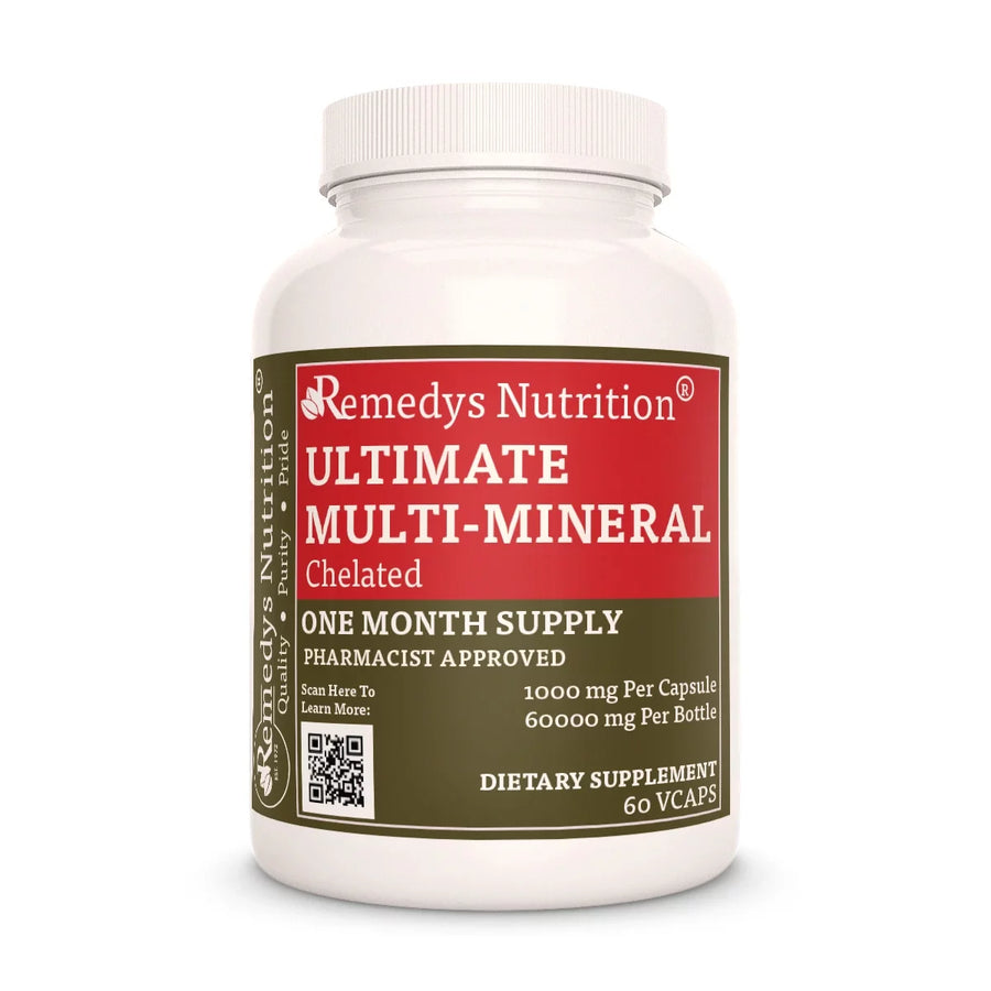 Image of Remedy's Nutrition® Ultimate Muli-Mineral™ Capsules Chelated Dietary Herbal Supplement front bottle. Made in the USA