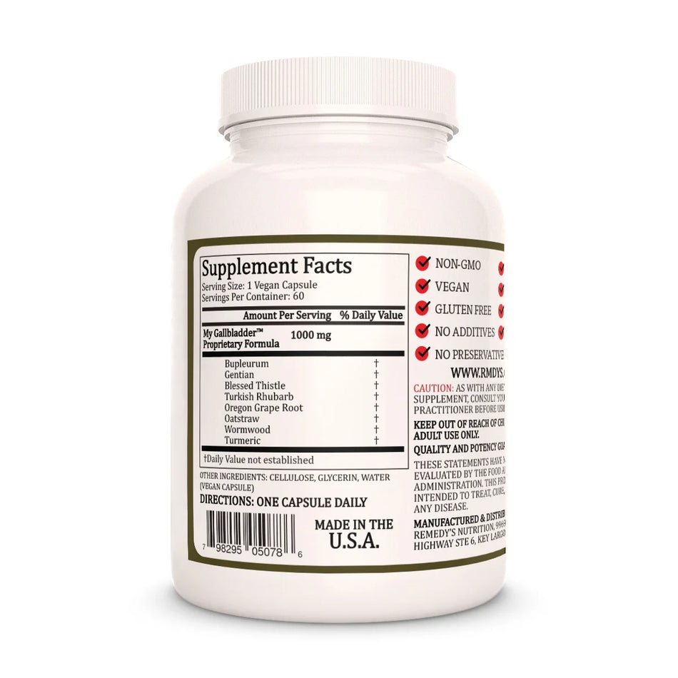 The back of a Remedy's Nutrition® My Gallbladder™ bottle, showing the Supplement Facts label with a 1000 mg proprietary formula.