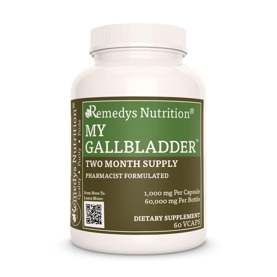 A white bottle of Remedy's Nutrition® My Gallbladder™ dietary supplement. The green and brown label indicates a two-month supply.