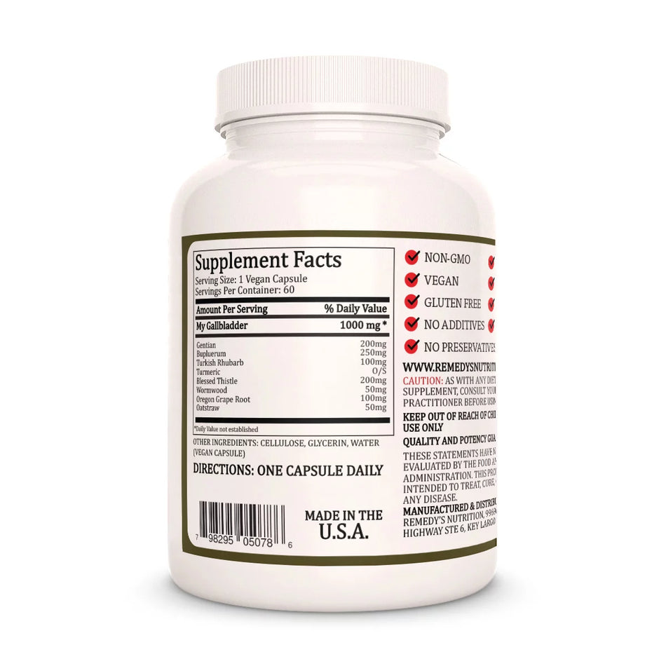 Image of Remedy's Nutrition® My Gallbladder™ back bottle label. Supplement Facts, Ingredients, Bupleurum, Gentian, Rhubarb.