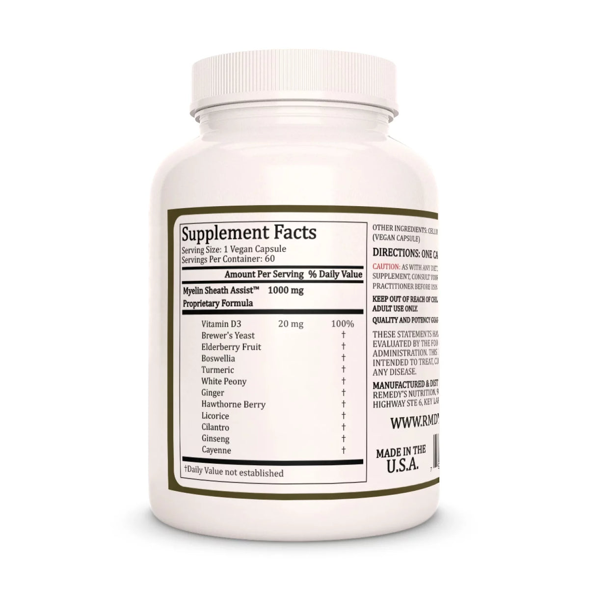 Image of Remedy's Nutrition® Myelin Sheath Assist™ Capsules Herbal Dietary Supplement for Nerves, back bottle. Made in USA. Vitamin D3