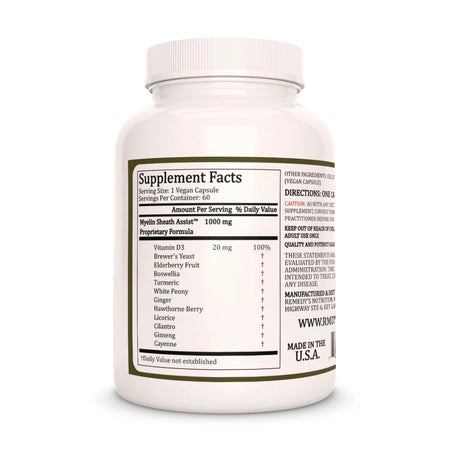 Image of Remedy's Nutrition® Myelin Sheath Assist™ Capsules Herbal Dietary Supplement for Nerves, back bottle. Made in USA. Vitamin D3