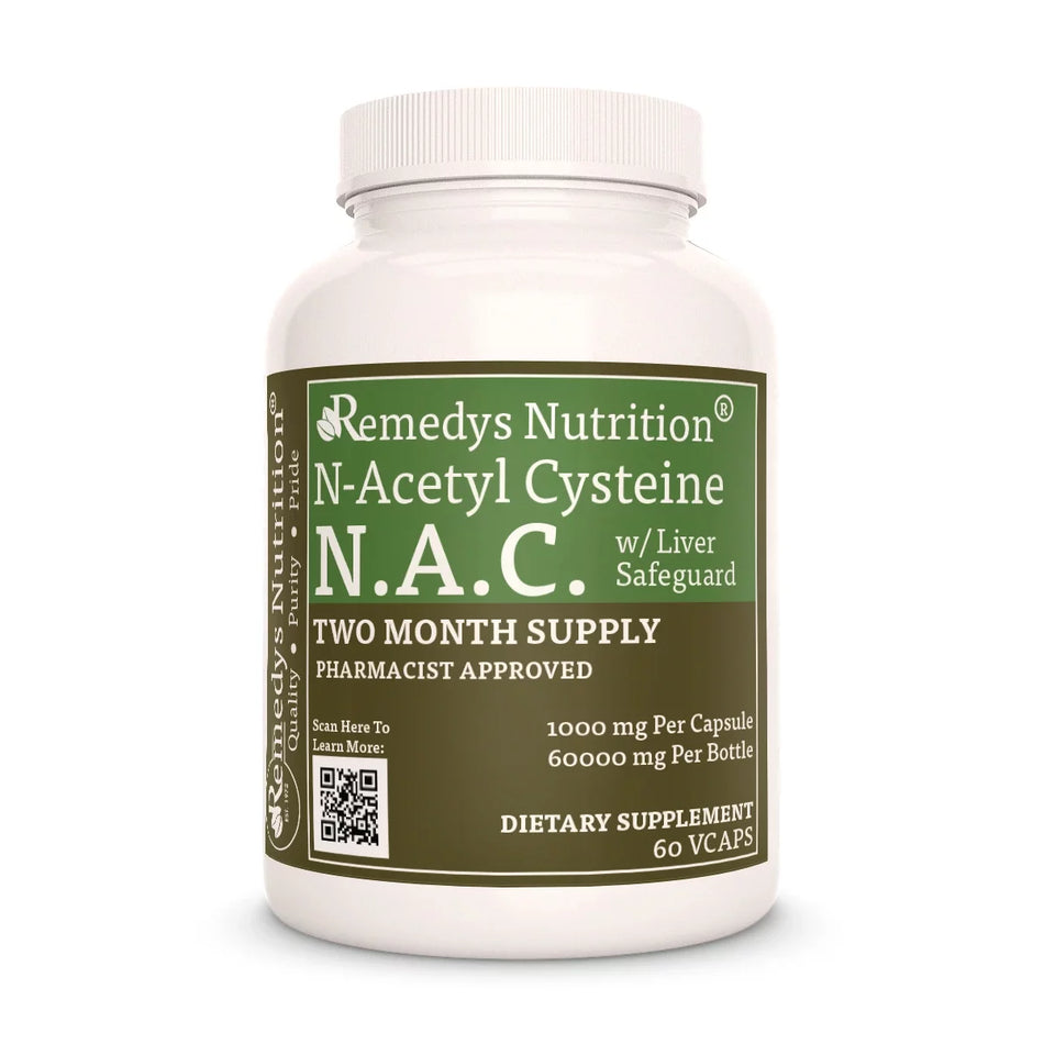 Image of Remedy's Nutrition® N-Acetyl Cysteine NAC w/ Liver Safeguard™ Capsules Dietary Herbal Supplement bottle. Made in USA