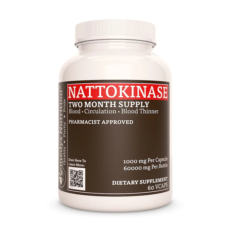 Image of Remedy's Nutrition® Nattokinase Capsules Dietary Supplement with Garlic & Turmeric front bottle. Made in the USA.