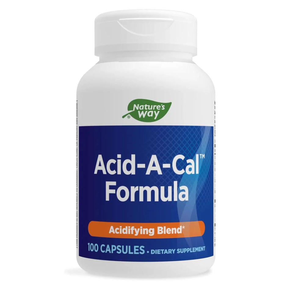 Image of Enzymatic Therapy™ Nature's Way Acid-A-Cal™ Dietary Supplement front bottle.  Healthy pH Balance, 100 VCAPS. 