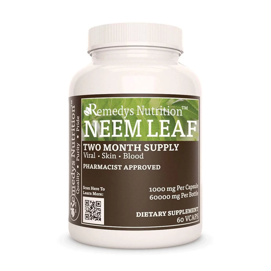 Image of Remedy's Nutrition® Neem Leaf Capsules Dietary Herbal Supplement front bottle. Made in the USA. Azadirachta indica.