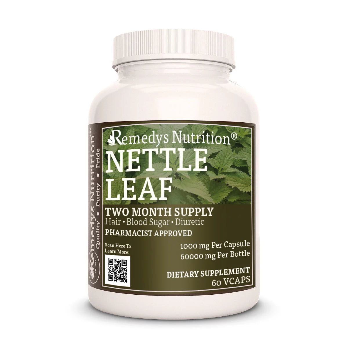 Image of Remedy's Nutrition® Nettle Leaf Capsules Herbal Dietary Supplement front bottle. Made in the USA. Urtica dioica.
