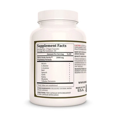 The Supplement Facts for Remedy's Nutrition Nitric Oxide Surfer, showing a 2000mg serving and daily directions.