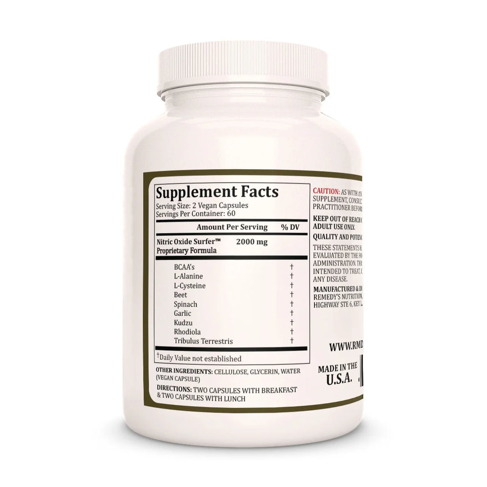 The Supplement Facts for Remedy's Nutrition Nitric Oxide Surfer, showing a 2000mg serving and daily directions.