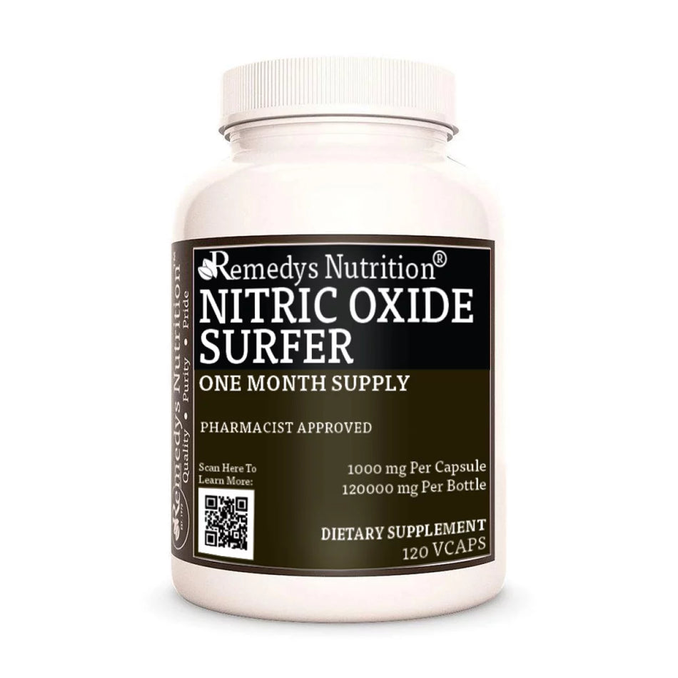 Image of Remedy's Nutrition® Nitric Oxide Surfer™ Capsules Herbal Dietary Supplement front bottle. Made in USA. BCAA, Kudzu.