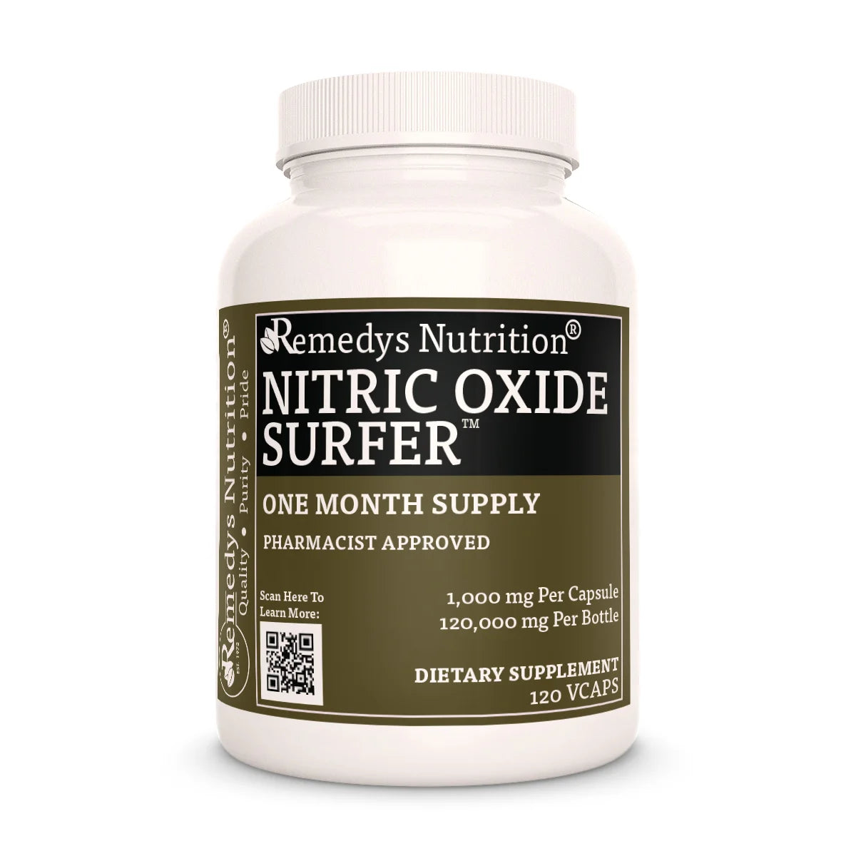 A bottle of Remedys Nutrition Nitric Oxide Surfer, a dietary supplement providing a 1000mg, one-month supply.