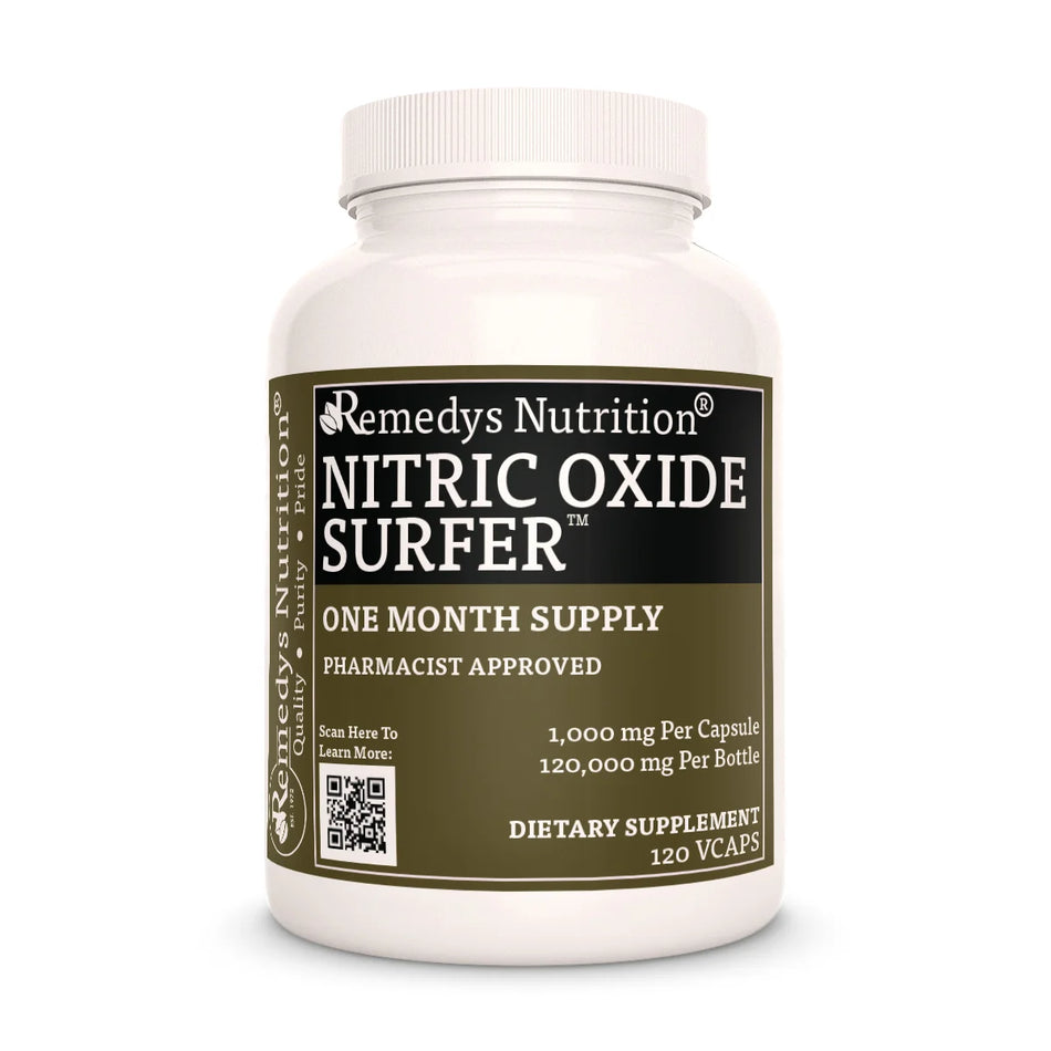A bottle of Remedys Nutrition Nitric Oxide Surfer, a dietary supplement providing a 1000mg, one-month supply.