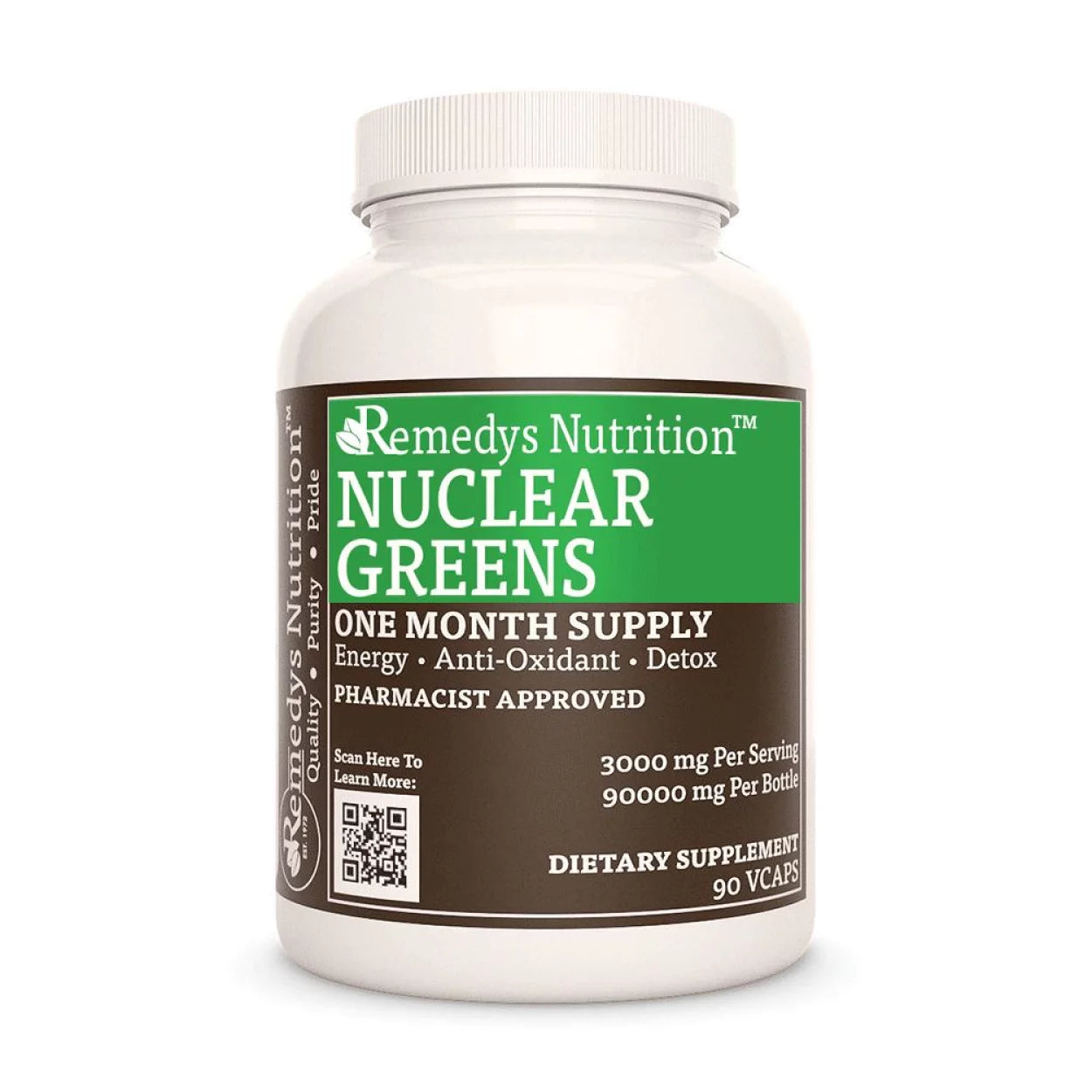 Image of Remedy's Nutrition® Nuclear Greens™ Capsules Herbal Dietary Supplement front bottle. Made in USA. Grass Spinach Kelp