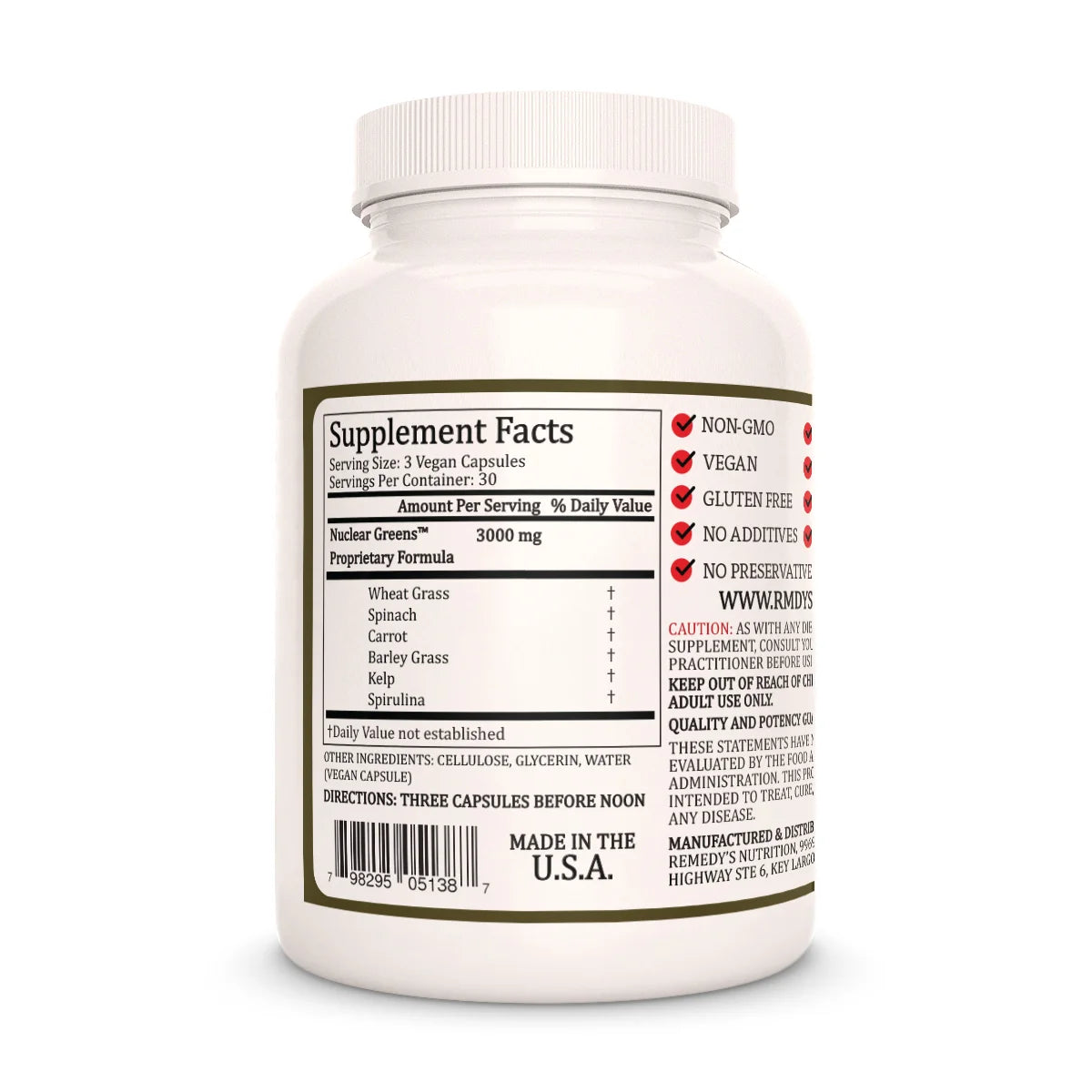 The back of a white bottle of Remedy's Nutrition Nuclear Greens™ supplements, showing the Supplement Facts label with a 3000 mg proprietary formula.