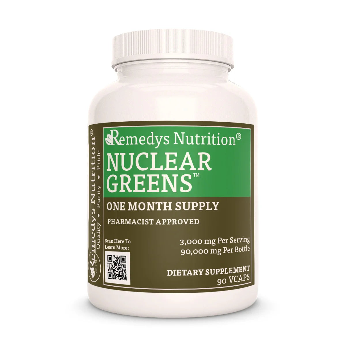 A white bottle of Remedy's Nutrition® Nuclear Greens™ dietary supplement. The green and brown label indicates a one-month supply.