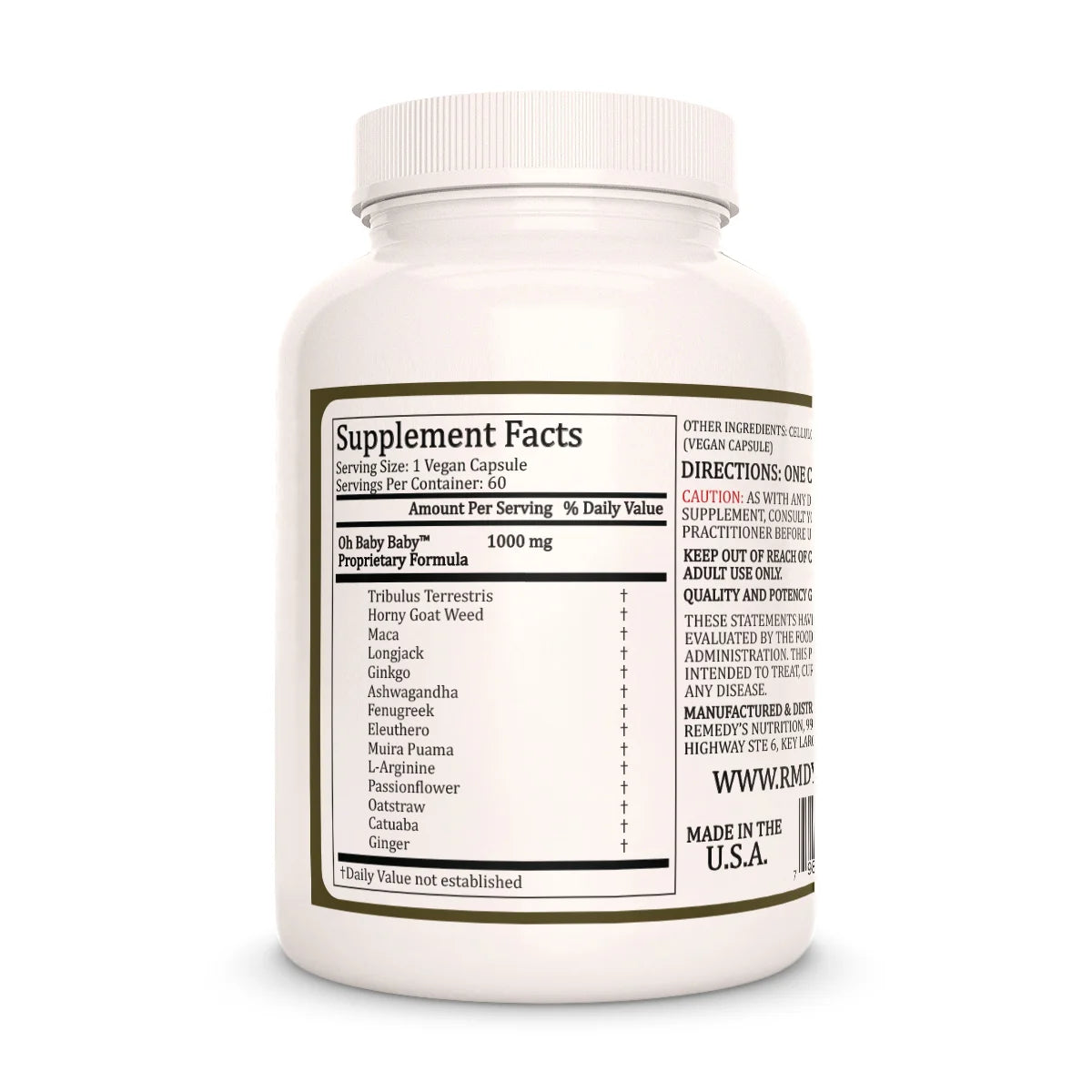 A photo of the back of a white bottle of 'Oh Baby Baby' supplements by Remedy's Nutrition, showing the supplement facts and ingredients list.