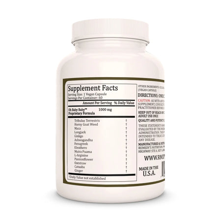 A photo of the back of a white bottle of 'Oh Baby Baby' supplements by Remedy's Nutrition, showing the supplement facts and ingredients list.