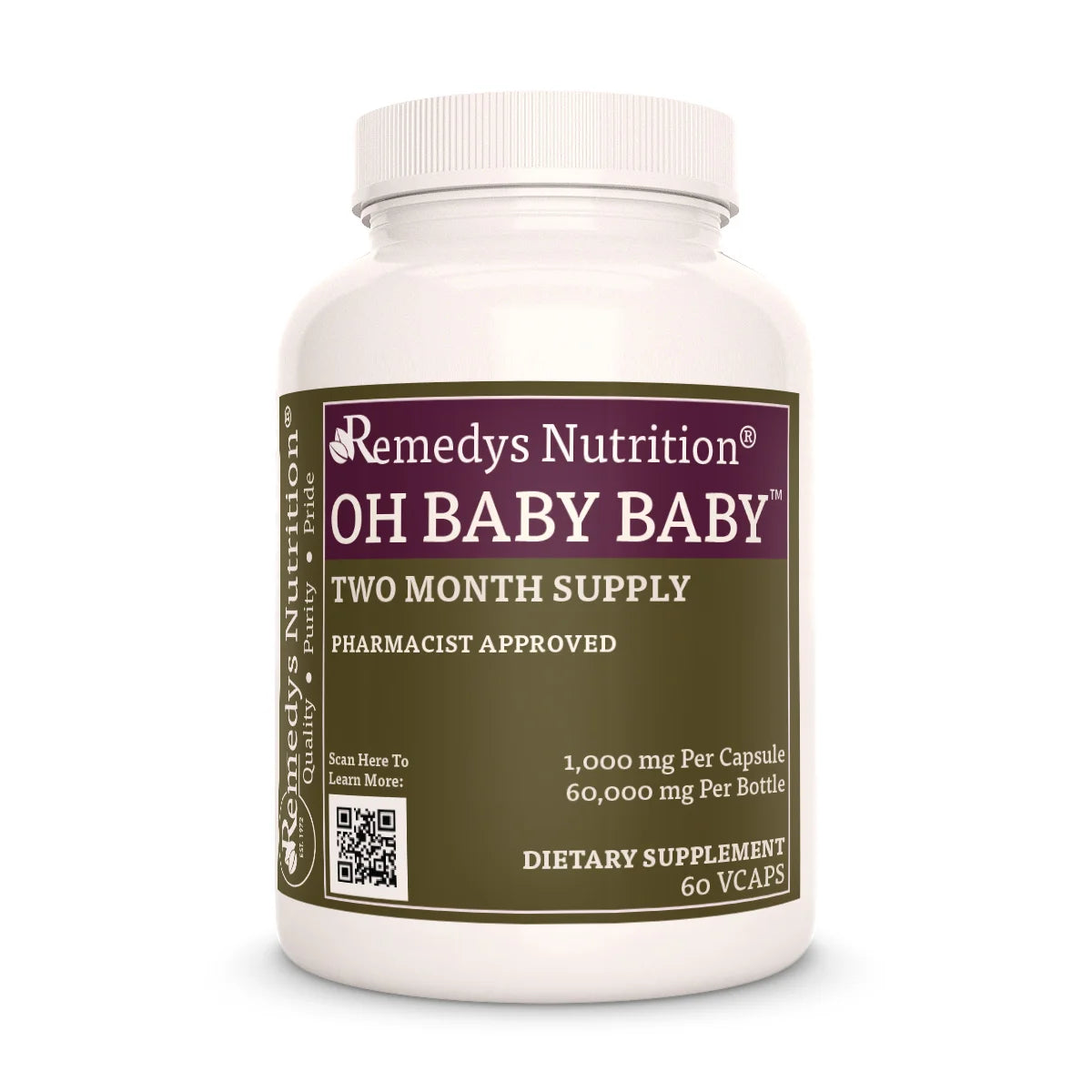 A white bottle of 'OH BABY BABY' dietary supplement by Remedys Nutrition, containing 60 vcaps.