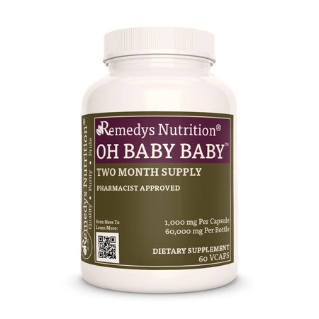 A white bottle of 'OH BABY BABY' dietary supplement by Remedys Nutrition, containing 60 vcaps.