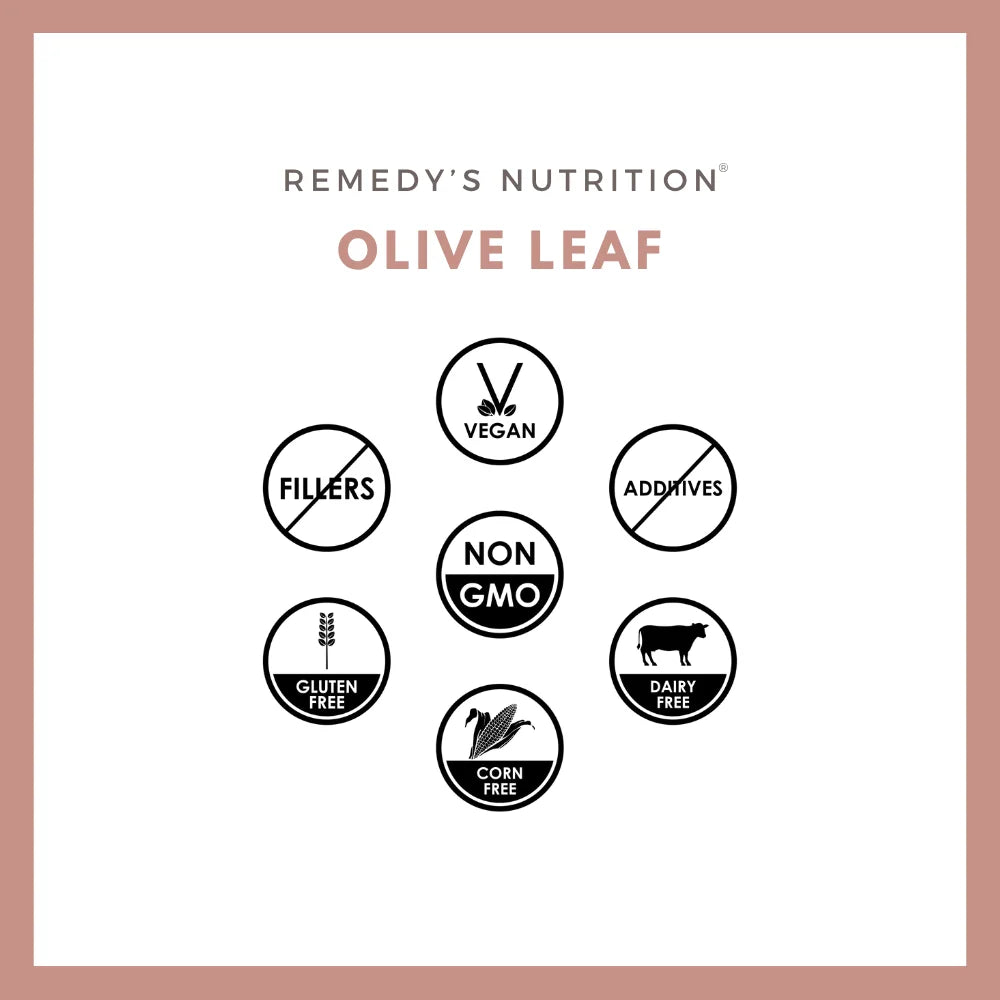 An ad for Remedy's Nutrition Olive Leaf with icons showing it is vegan, non-GMO, and gluten-free.