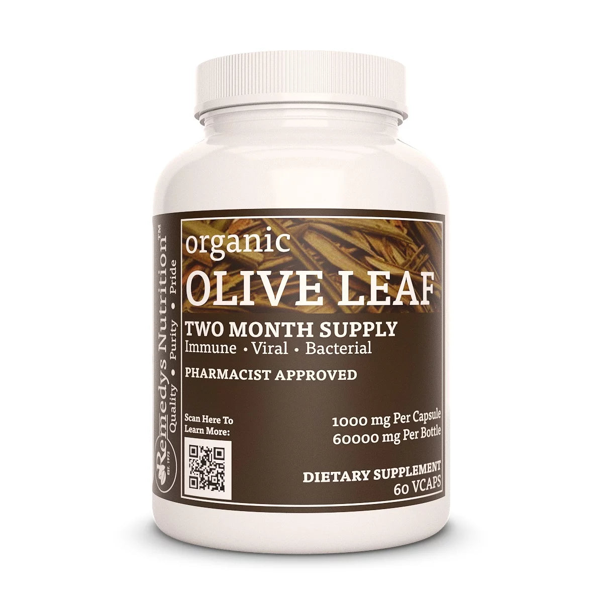 Image of Remedy's Nutrition® Olive Leaf Capsules Herbal Dietary Supplement front bottle. Made in the USA. Olea europaea.