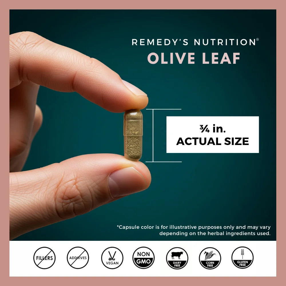 An ad for Remedy's Nutrition Olive Leaf shows the capsule's actual size (¾ in.) and its free-from claims.