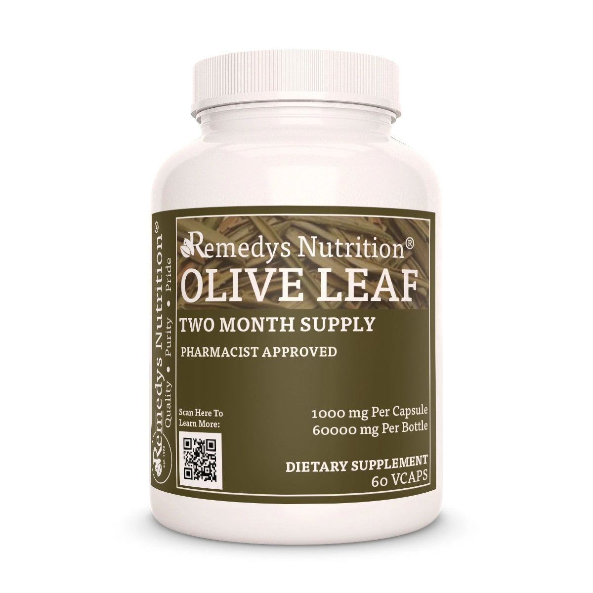 Image of Remedy's Nutrition® Olive Leaf Capsules Herbal Dietary Supplement front bottle. Made in the USA. Olea europaea.