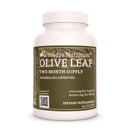 Image of Remedy's Nutrition® Olive Leaf Capsules Herbal Dietary Supplement front bottle. Made in the USA. Olea europaea.