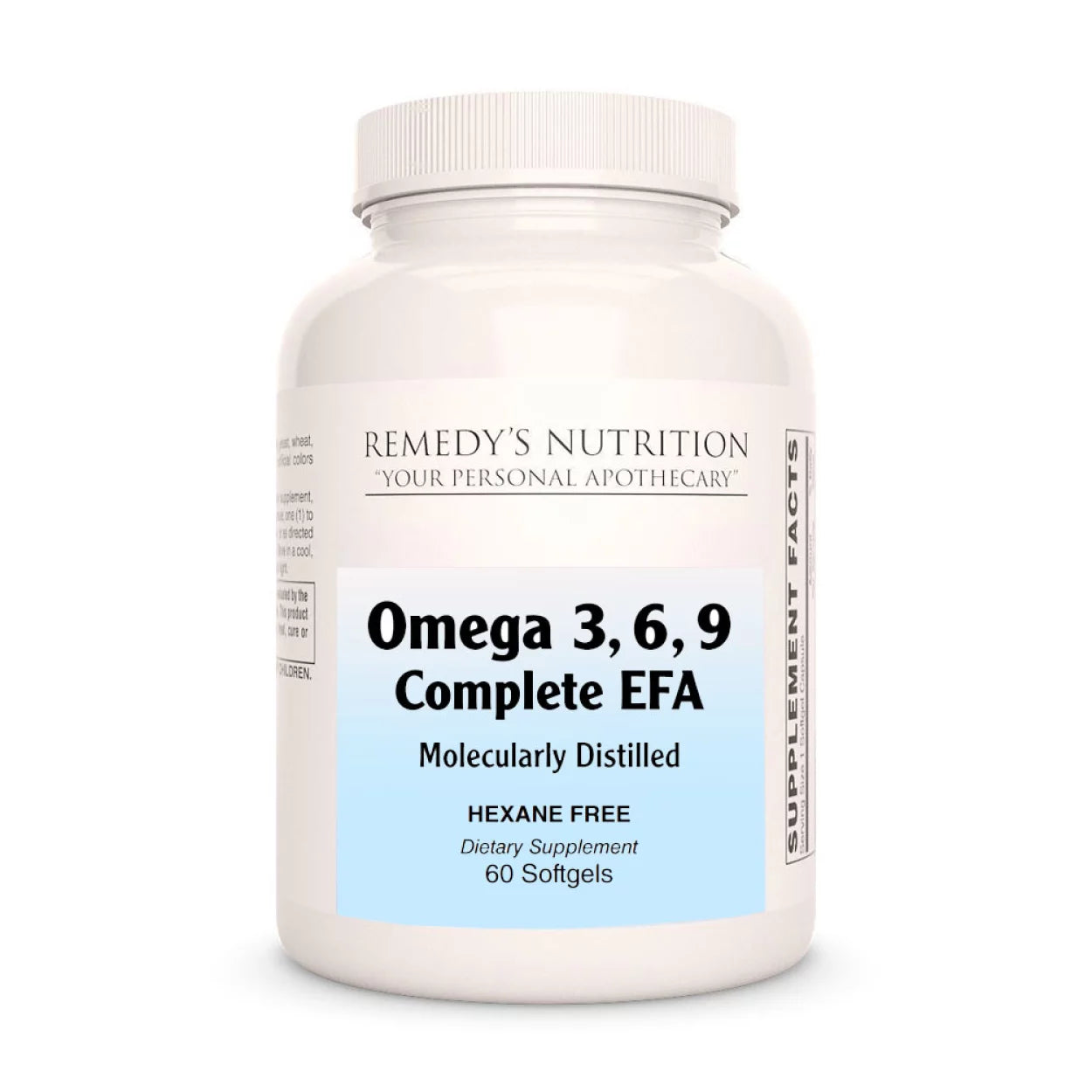 Image of Remedy's Nutrition® Omega 3, 6, 9 Capsules Dietary Supplement front bottle.  Complete EFA Essential Fatty Acids.