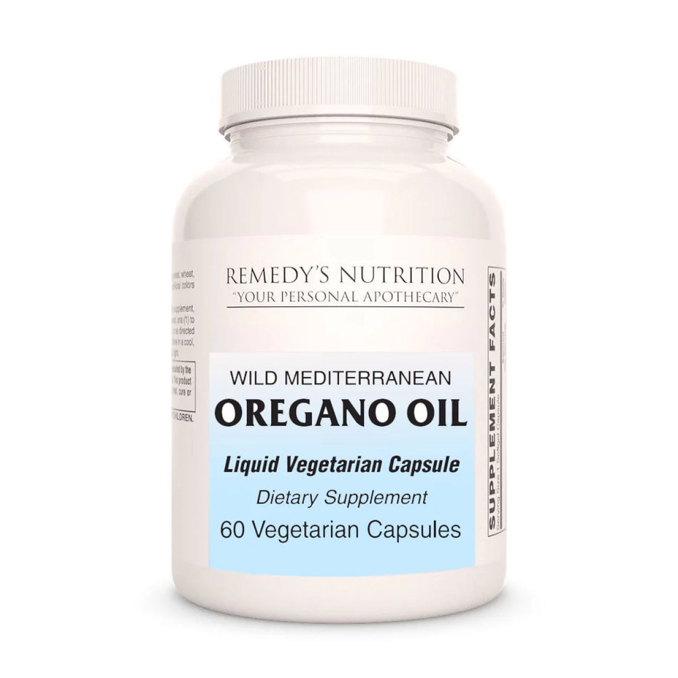 Image of Remedy's Nutrition® Oregano Oil Liquid Capsules Dietary Supplement front bottle. Oregano Leaf Oil. Origanum vulgare.