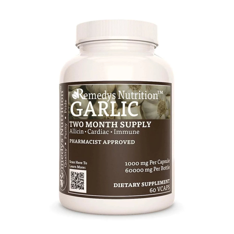 Image of Remedy's Nutrition® Garlic Capsules Dietary Supplement front bottle. Made in the USA.