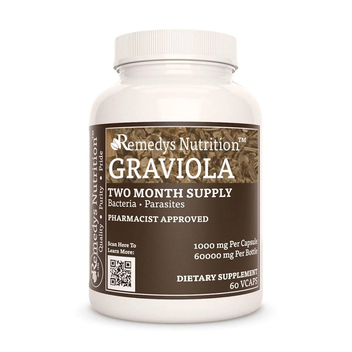 Image of Remedy's Nutrition® Graviola Capsules Dietary Herbal Supplement front bottle. Made in the USA.