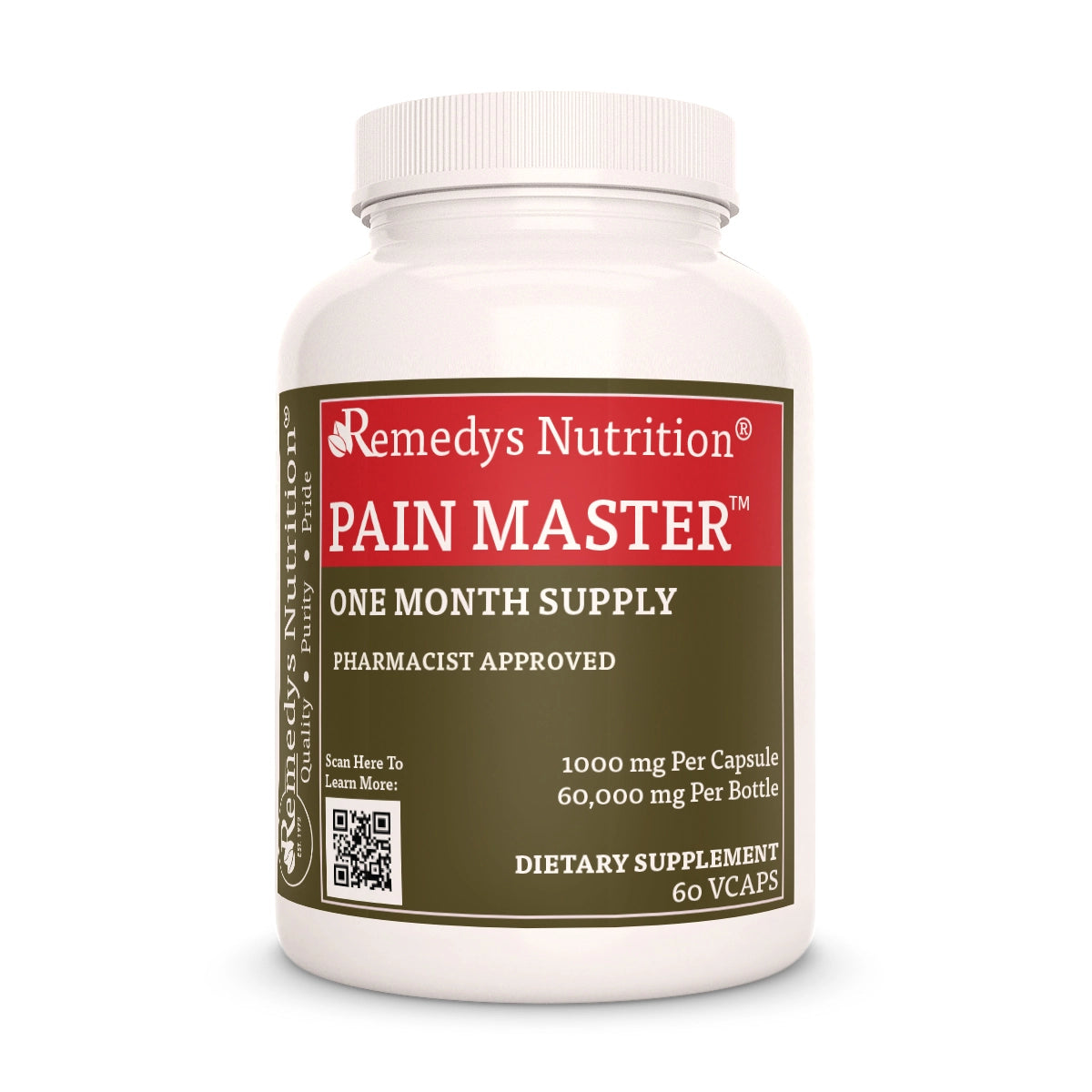 Image of Remedy's Nutrition® Pain Master™ Capsules Herbal Dietary Supplement front bottle Made in USA Cat’s Claw Valerian Turmeric