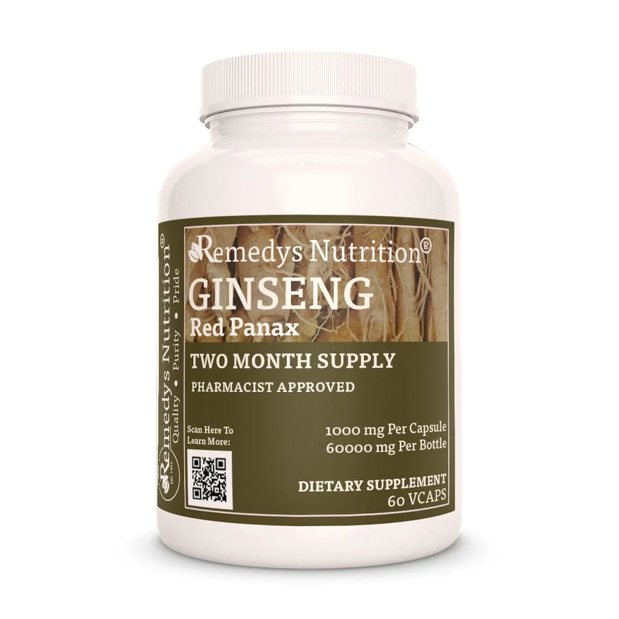 Image of Remedy's Nutrition® Red Panax Ginseng Capsules Herbal Dietary Supplement front bottle. Made in the USA.