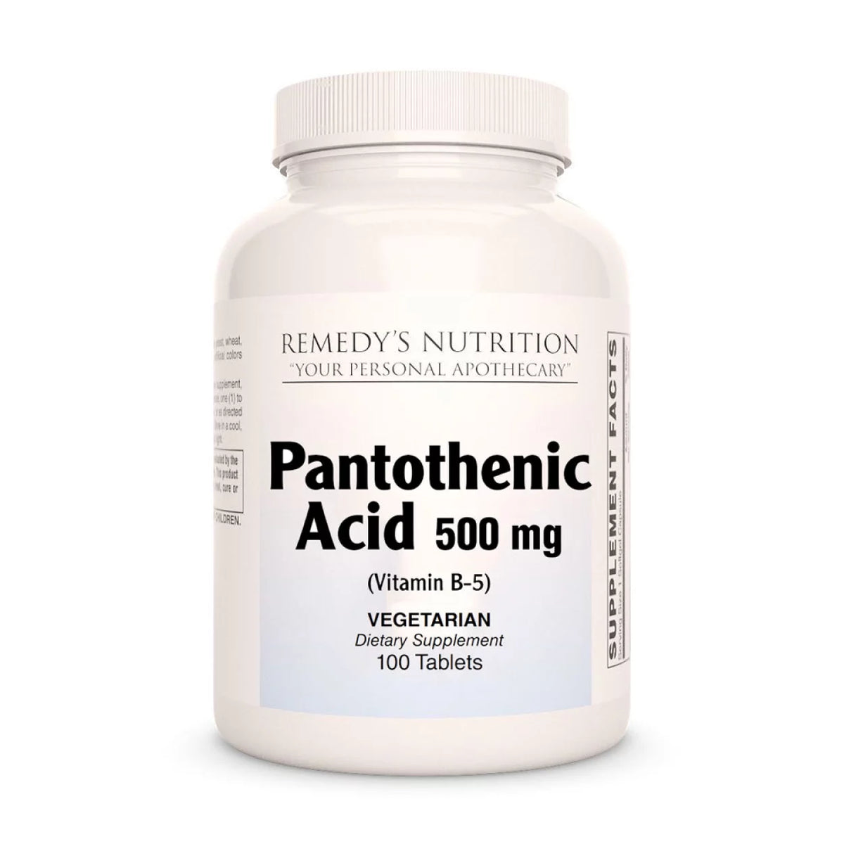 Image of Remedy's Nutrition® Pantothenic Acid Vitamin B-5 Tablets Dietary Supplement front bottle.