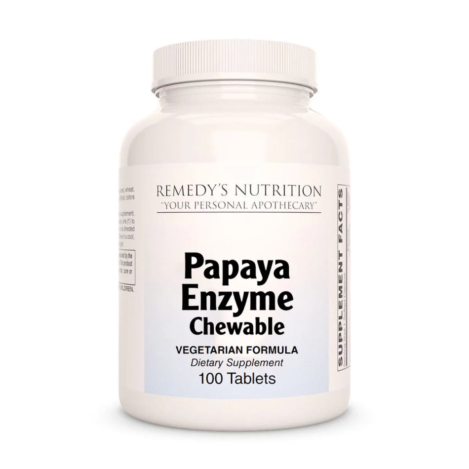 Image of Remedy's Nutrition® Papaya Enzyme Chewable Tablets Dietary Supplement front bottle. 100 Count, No Fillers. 