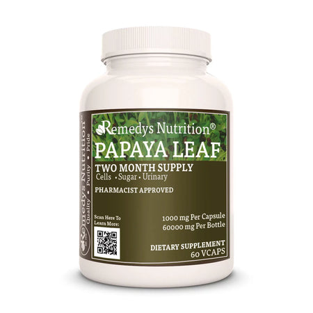 Image of Remedy's Nutrition® Papaya Leaf Capsules Herbal Dietary Supplement front bottle. Made in the USA. No Fillers. 