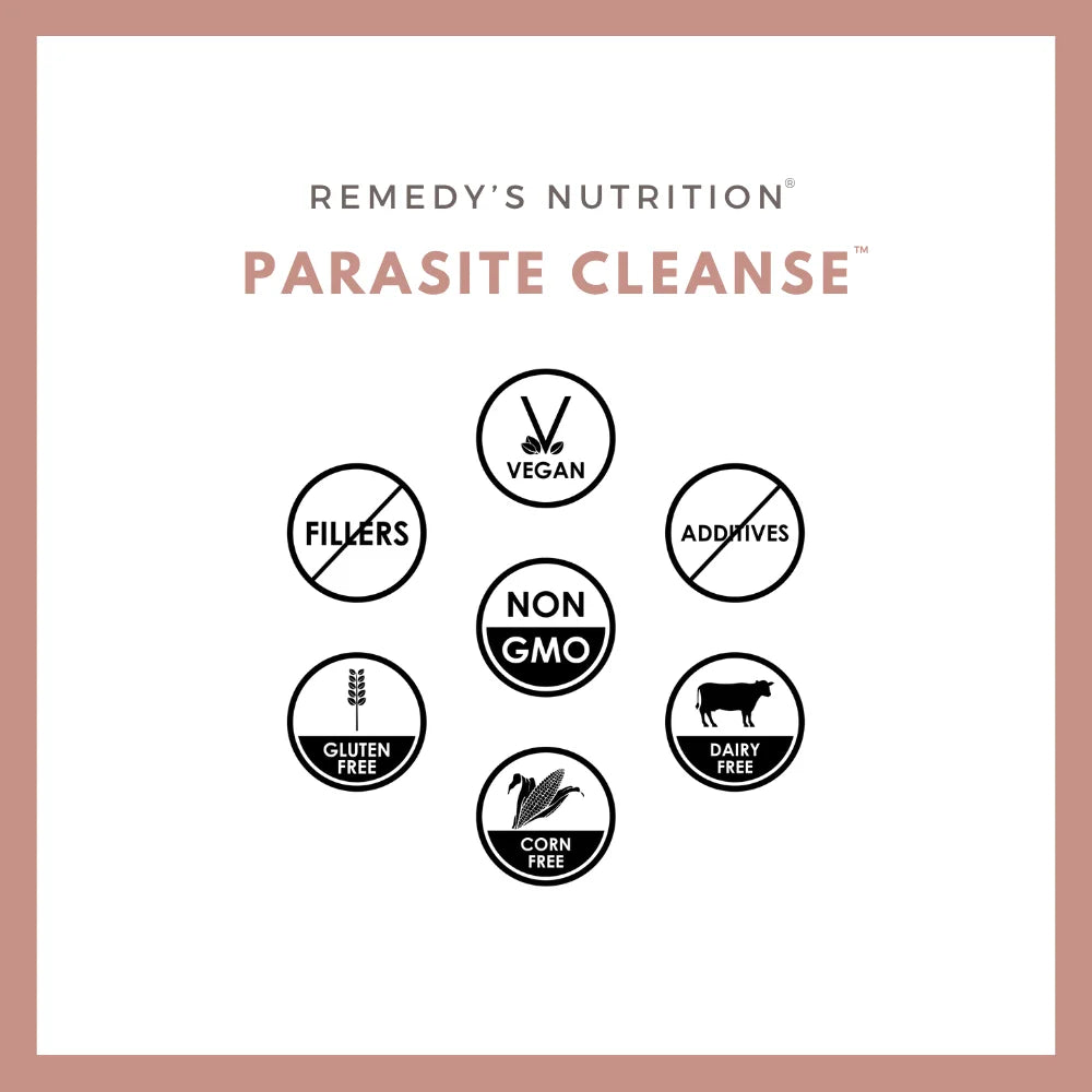 An ad for Remedy's Nutrition Parasite Cleanse with icons showing it is vegan, non-GMO, and gluten-free.
