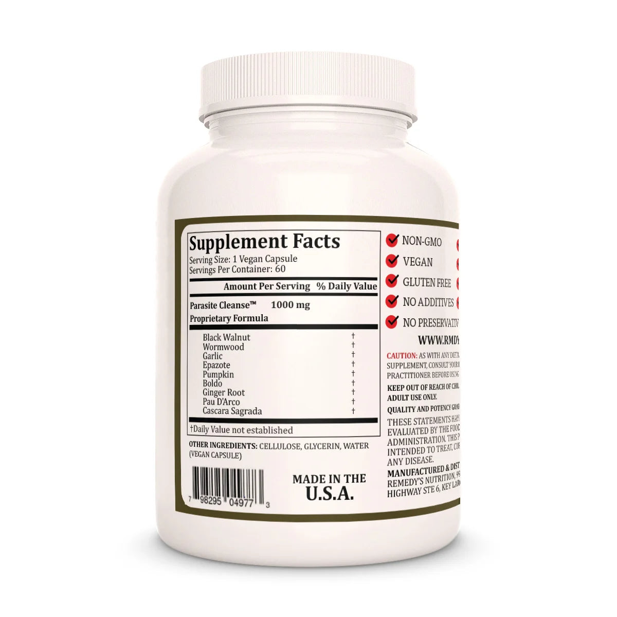 The Supplement Fact label for Remedy's Nutrition Parasite Cleanse, showing its 1000mg vegan formula and ingredients.