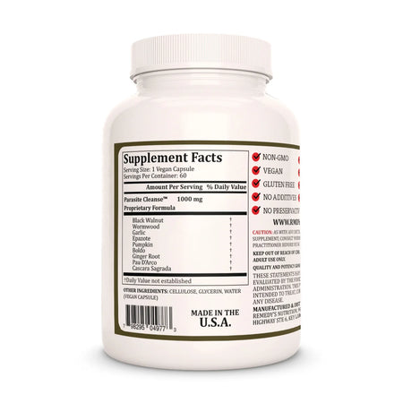 The Supplement Fact label for Remedy's Nutrition Parasite Cleanse, showing its 1000mg vegan formula and ingredients.