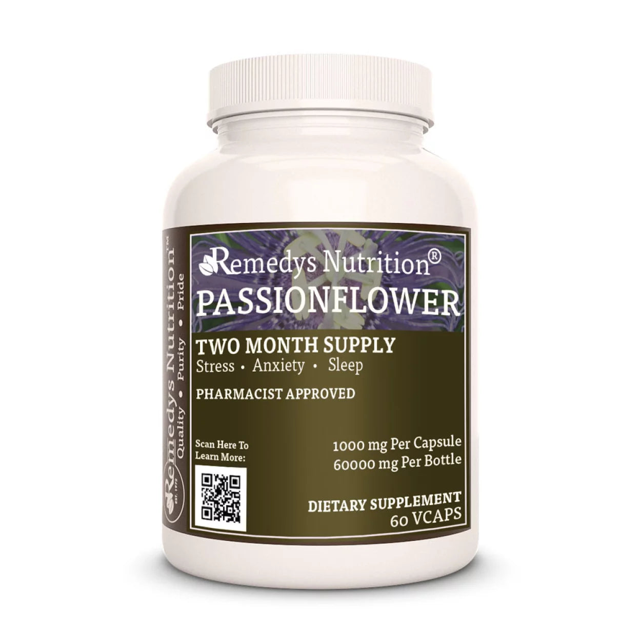 Image of Remedy's Nutrition® Passionflower Capsules Herbal Dietary Supplement front bottle. Made in USA. Passiflora incarnata.
