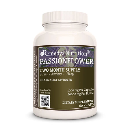 Image of Remedy's Nutrition® Passionflower Capsules Herbal Dietary Supplement front bottle. Made in USA. Passiflora incarnata.