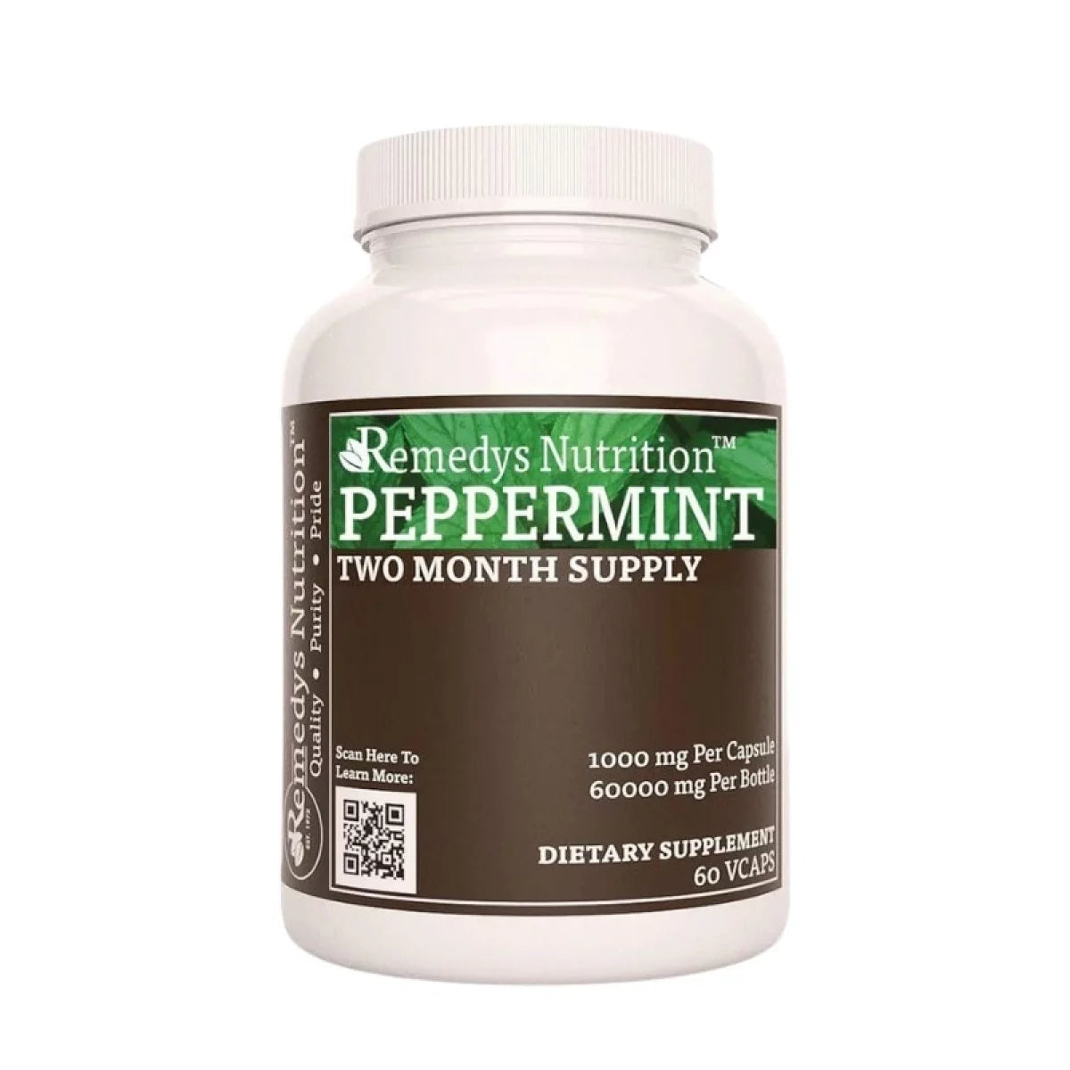 Image of Remedy's Nutrition® Peppermint Capsules Dietary Herbal Supplement front bottle. Made in the USA. Mentha x piperita