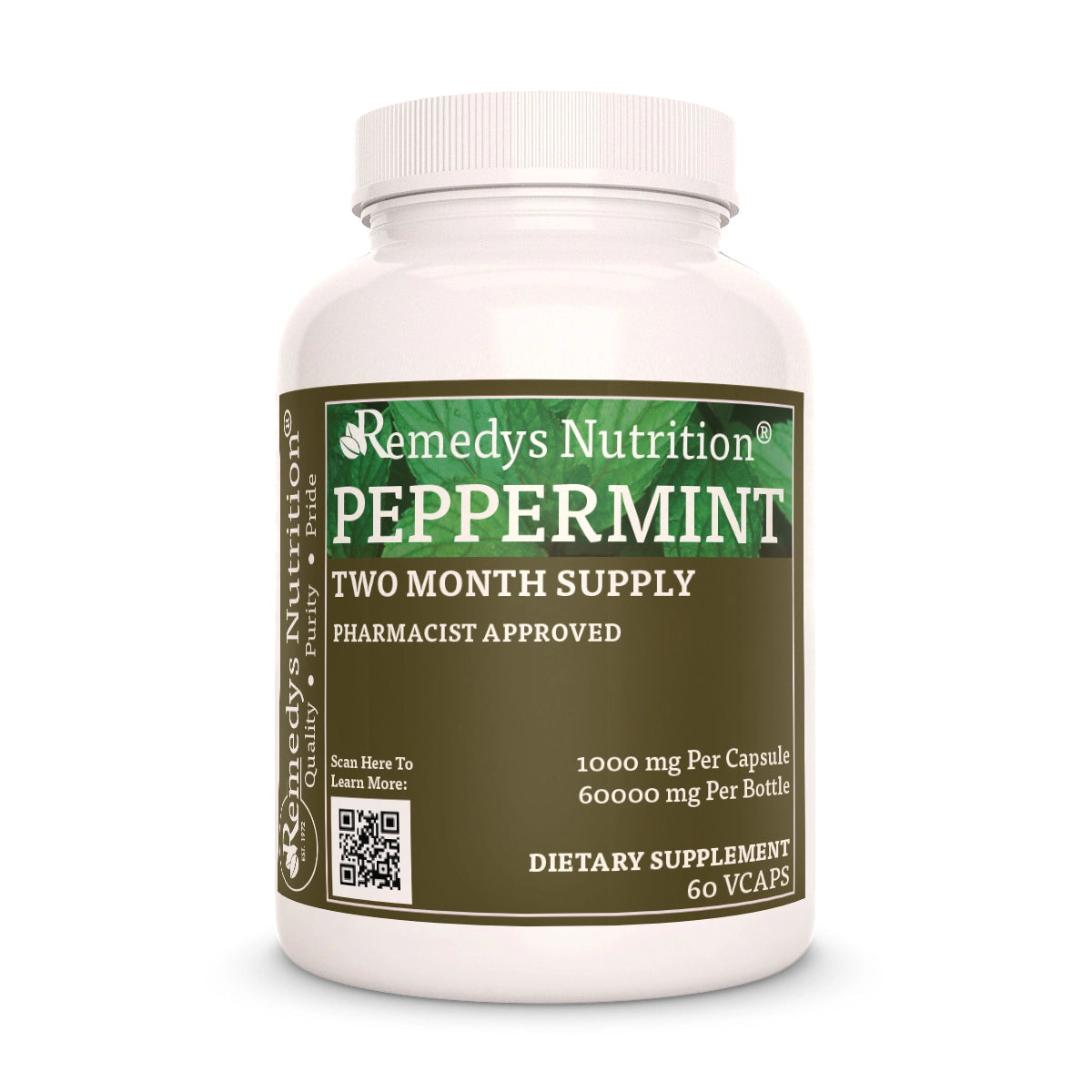 Image of Remedy's Nutrition® Peppermint Capsules Dietary Herbal Supplement front bottle. Made in the USA. Mentha x piperita