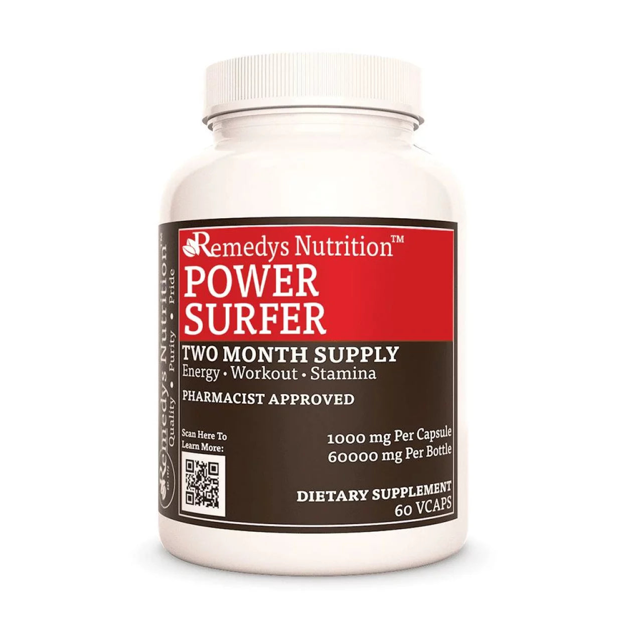 Image of Remedy's Nutrition® Power Surfer™ Capsules Herbal Dietary Supplement bottle. Made in USA. Guarana, Maca, Rhodiola.