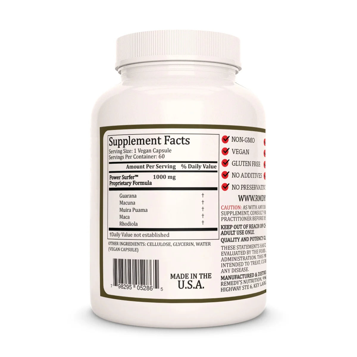 The back of a Remedy's Nutrition 'Power Surfer' supplement bottle, showing the supplement facts for its proprietary formula.