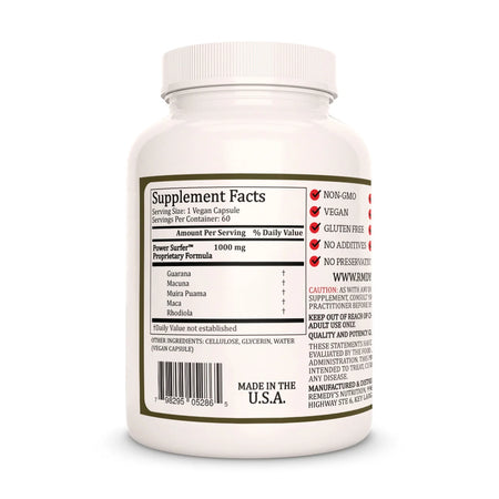The back of a Remedy's Nutrition 'Power Surfer' supplement bottle, showing the supplement facts for its proprietary formula.